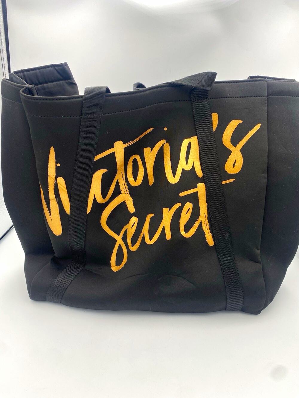 Victoria's Secret Black/Gold Logo Large Tote w/ Pouch Lined Inner Pockets